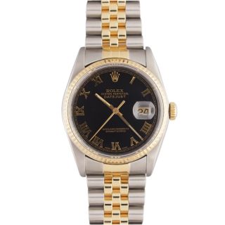 Pre owned Rolex Mens Datejust Two tone Black Roman Dial Watch Today