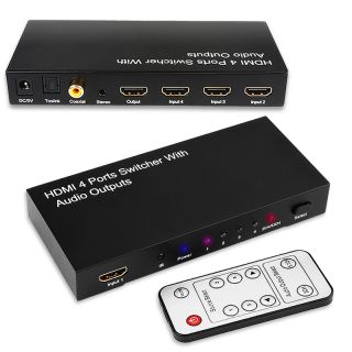 BasAcc Black 4 x 1 HDMI Mini Switch with Remote and Toslink