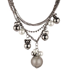 Hematite Layered Chain, Metallic Ball and Rhinestone Bib Necklace